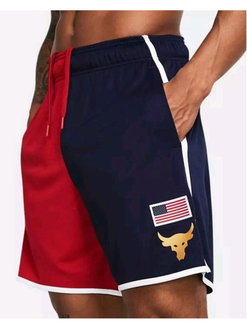 Under Armour Shorts Mens Small UA Project Rock 7” Red White Blue 1383311-600